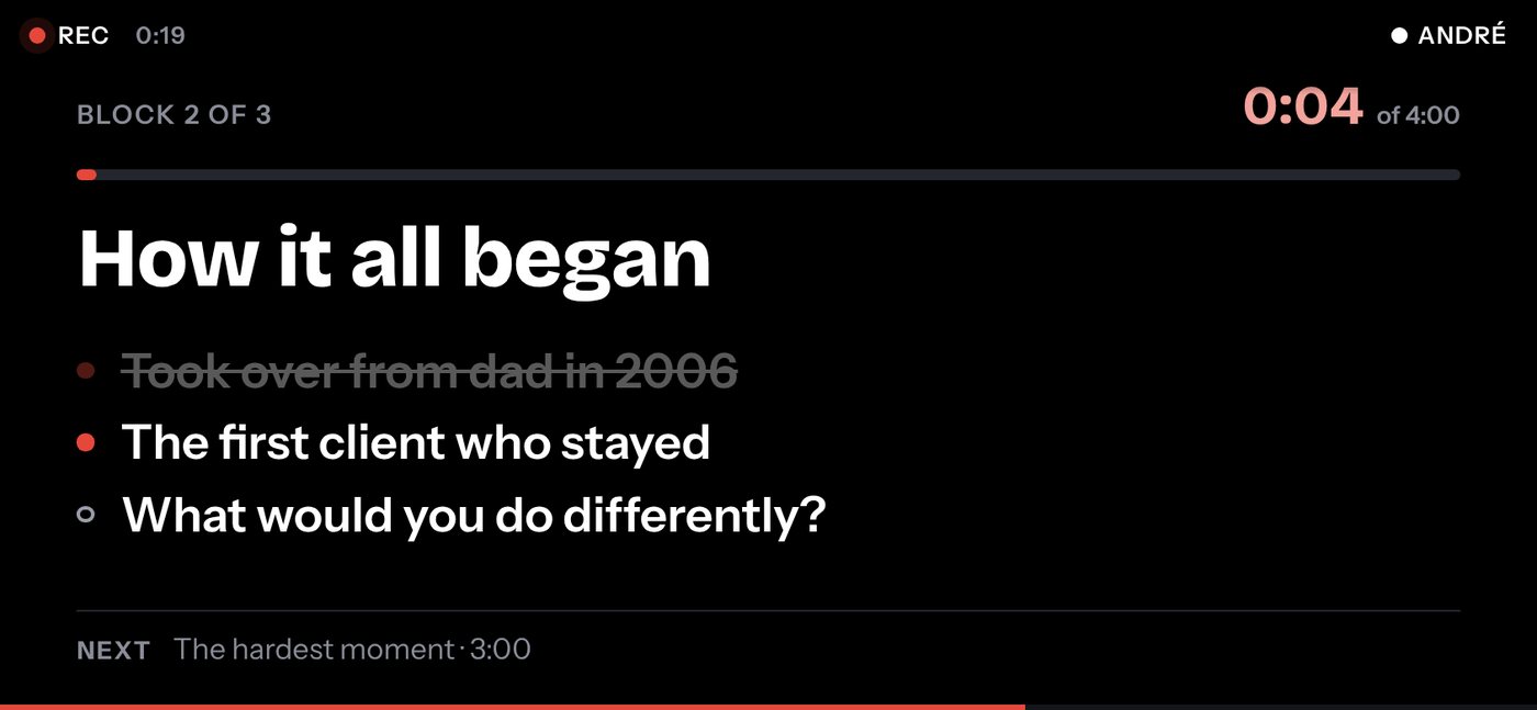 A conversation block on the prompter: block title, ticked and open points, a question and the clock with the target time.