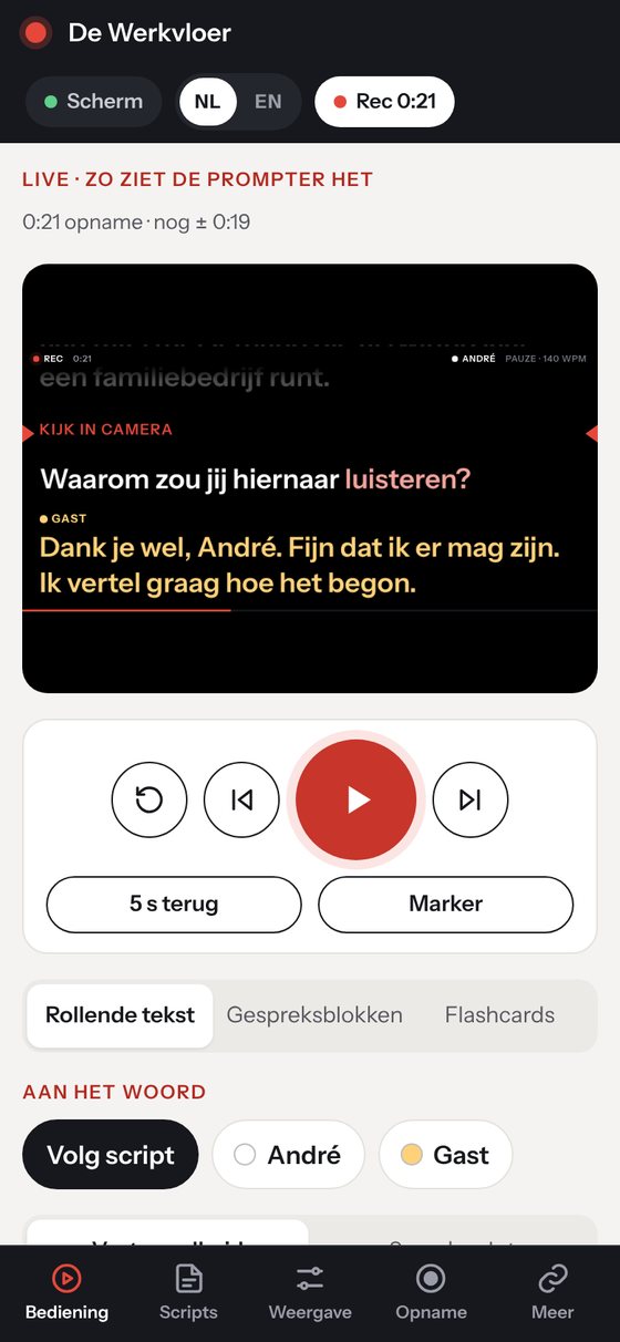 De regie op een telefoon met het live voorbeeld, de grote startknop en de knoppen voor de sprekers.